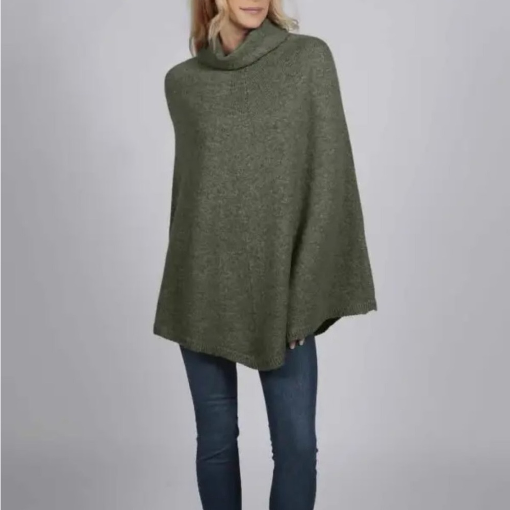 New W/O Tags Italy in Cashmere Army Green Pure Cashmere Roll Neck Poncho Cape - Picture 2 of 4
